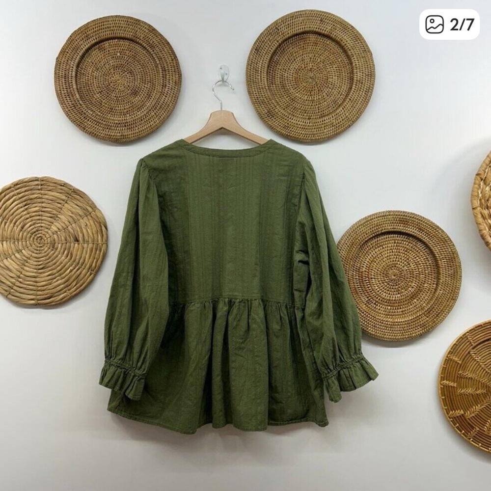 Torrid Green Button Front Cotton V-Neck Babydoll Long Sleeve Blouse Plus Size 1X - Picture 2 of 6